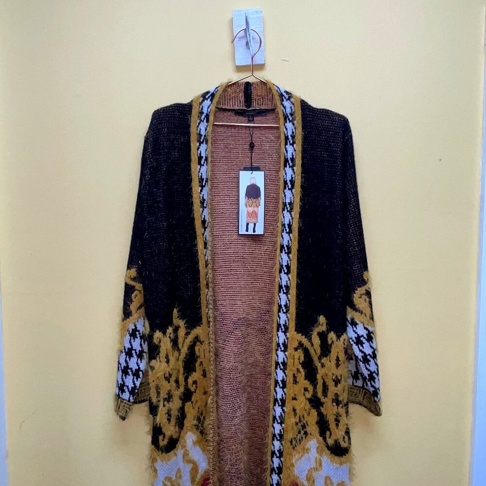 NWT Small Max Sport LA Boho B&W/Gold/Pink Long Sweater Duster with front pockets - Picture 11 of 15